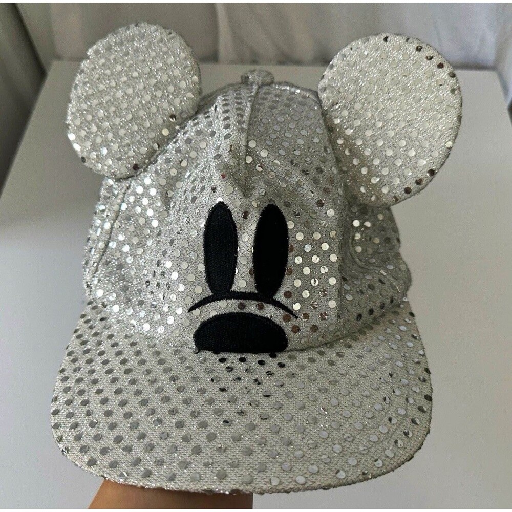 Disney Mickey Mouse Silver Sequin Ear Hat Baseball Cap Shiny Sparkly Glitter